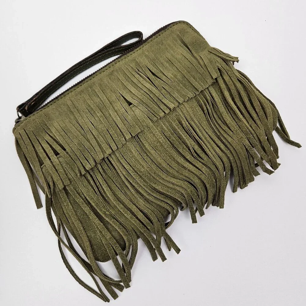 Patricia Nash Cassini Olive Green Suede Leather Fringe Wristlet Clutch - Picture 2 of 8